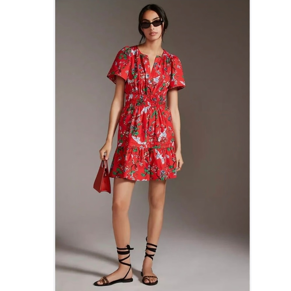 NEW Anthropologie Somerset Mini Cotton Dress Red Bird Floral Print Pockets XXS - Picture 3 of 16